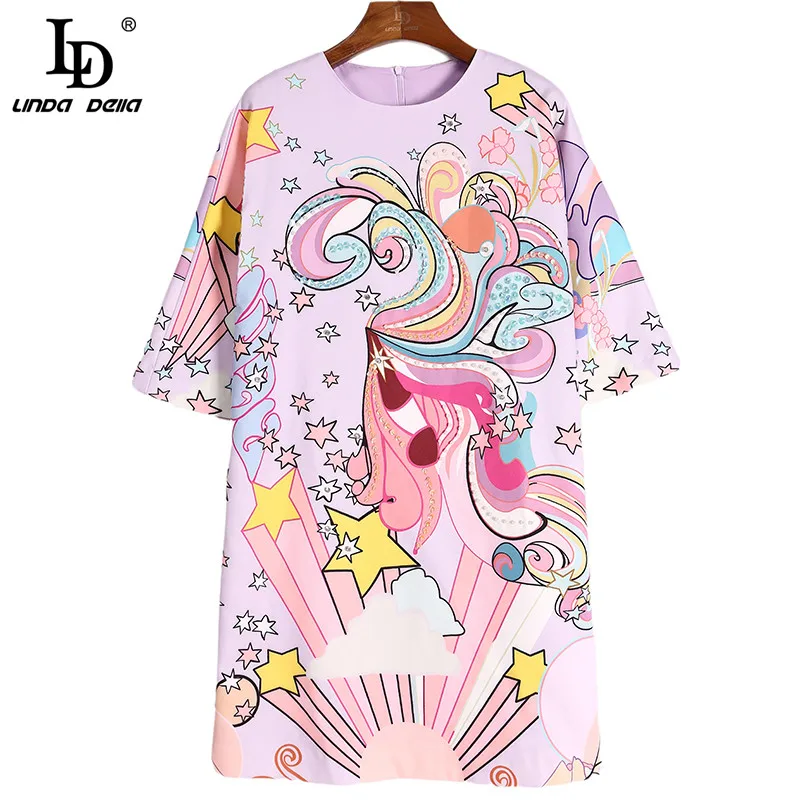 

LD LINDA DELLA 2021 Women's Printed Sweet Short Dress Summer Runway Fashion O-Neck Half sleeve Beading Elegant Party Dress