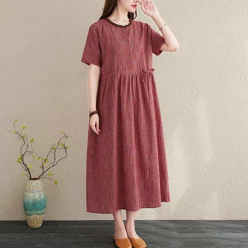 

Women Cotton Linen Long Dress New Arrival 2021 Summer Vintage Style O-neck Short Sleeve Female Loose Casual Dresses B040