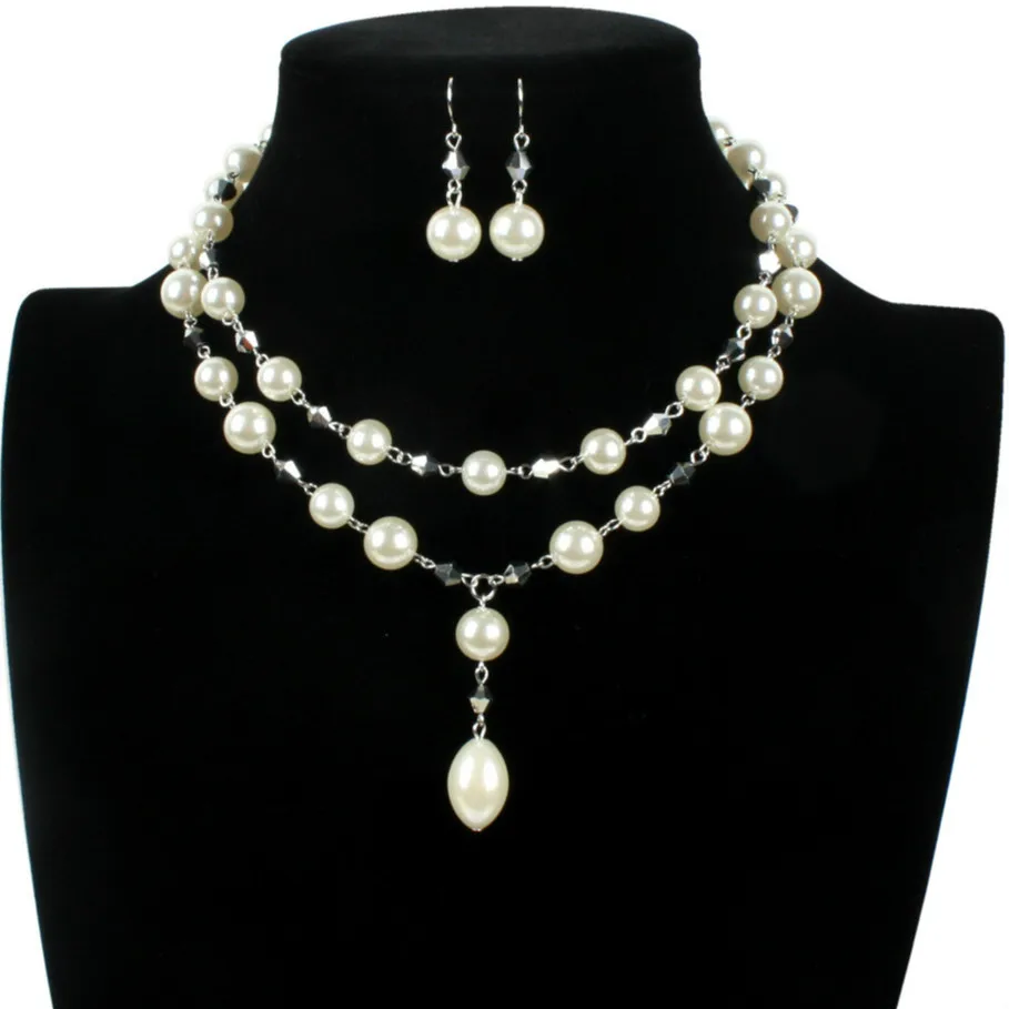 Модные бусы жемчуг Двухслойное ожерелье с кисточкой серьги ключицы белый