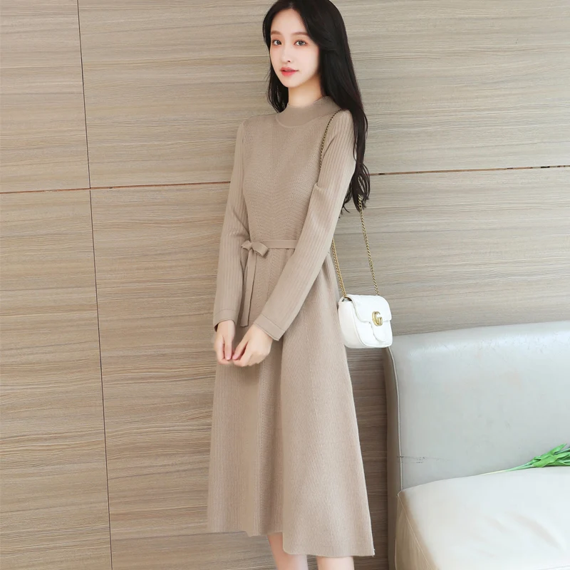 

2020 New Autumn Winter Women Elegant Slim Base Dress Korean Fashion High Quality Solid Color Long Sleeve Knitted Sweater Dress