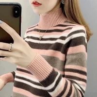 half high neck pullover sweater womens loose outer wear autumn and winter new 2021 top striped inner knit bottomed shirt