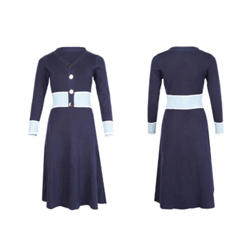 

2020 High Quality Autumn New Women's V-collar Long-sleeved Elegant Dress Knitted Patchwork Dress Sweater Long Dresses