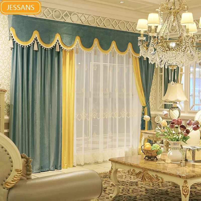 

European-style High-end Velvet Stitching Blackout Curtains for Living Room and Bedroom Customized Finished Valance