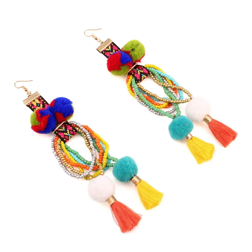 Florosy Long Cotton Ball Tassel Pendant Earrings For Women Chunky Colorful Acrylic Bead Handmade Vintage Ethnic Dangle | Украшения и