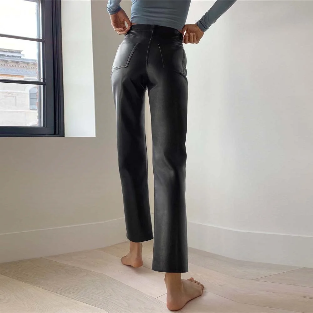 

de perna reta de couro do falso vintage streetwear cintura alta marrons para mulher outono inverno 202