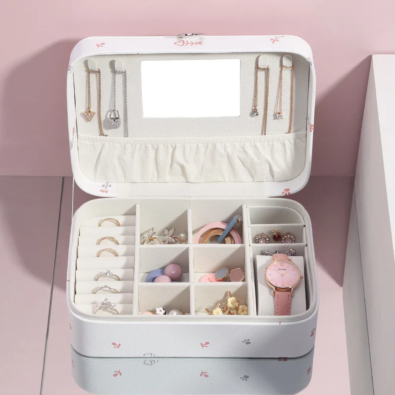 

cute cat print cartoon fashion women jewelry box mini style leather Jewelry Storage Case for Home Travel girl gift 200805-43