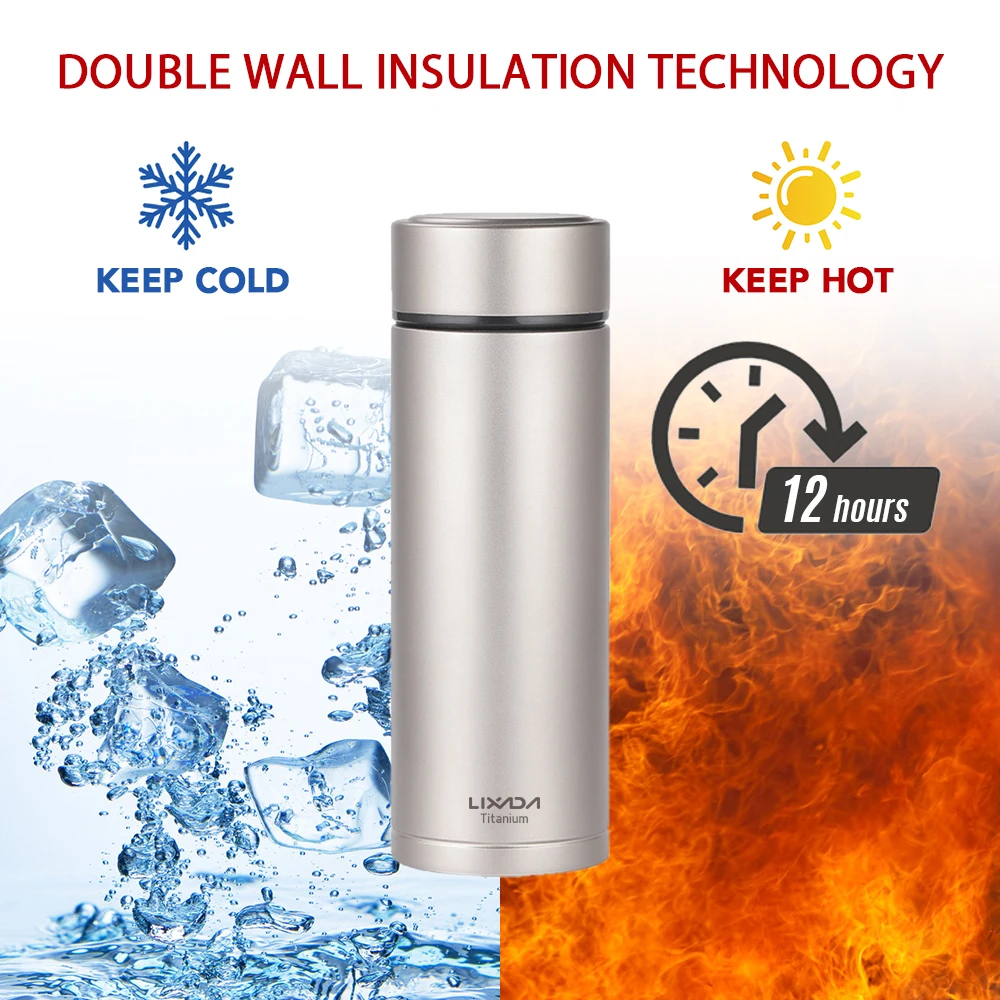 

Lixada 380ML Double Wall Vacuum Insulated Titanium Water Bottle Flask Outdoor Sports Leak Proof Water Bottle with Tea Infuser