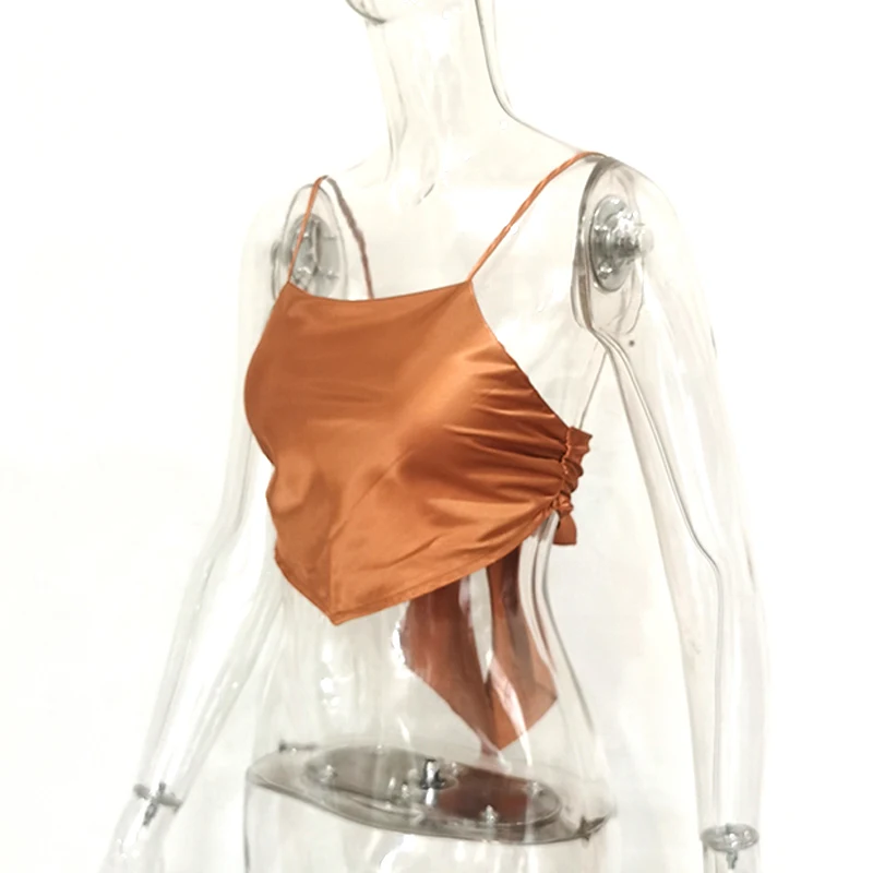 

Satin Backless Bandage Women Crop Chic Top 2021Spring Summer Sleeveless Sexy Elegant Clubwear Short T-Shirts New Female Clothing