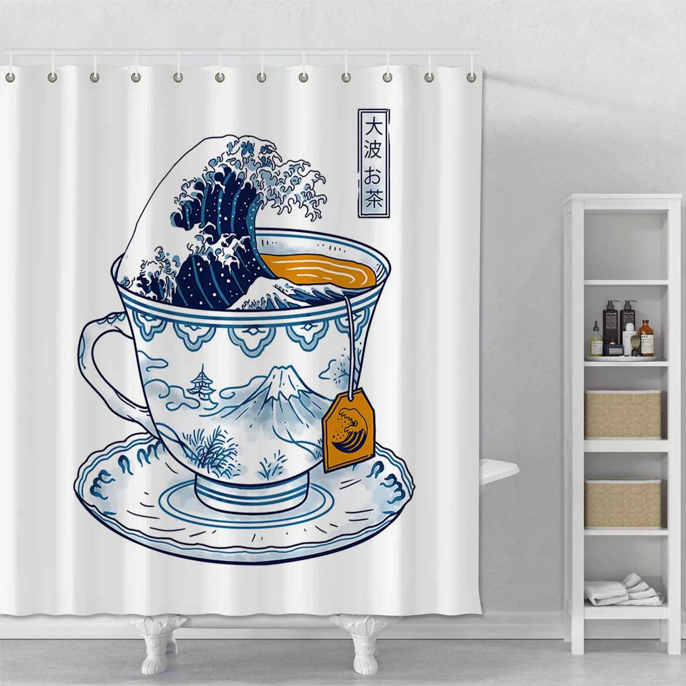 

Japanese-style White Shower Curtain Printed Ocean Waves Bathroom Polyester Shower Curtain With Hooks Waterproof Shower Curtain