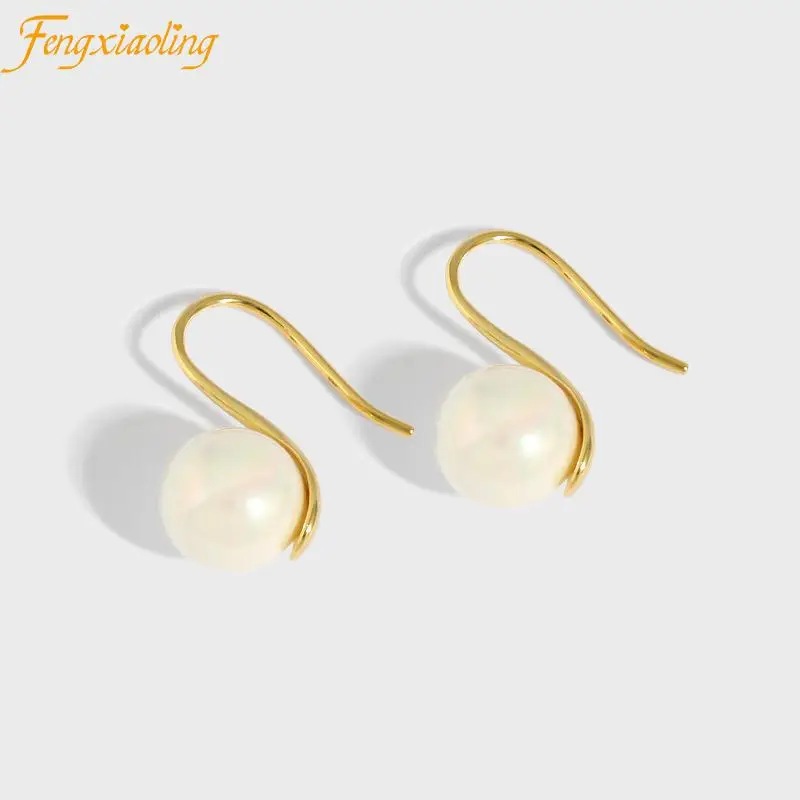 

Genuine 100% 925 Sterling Silver Round Shell Beads Hanging Earrings For Women Sweet Cute Student Jewelry Hypoallergenic Earring