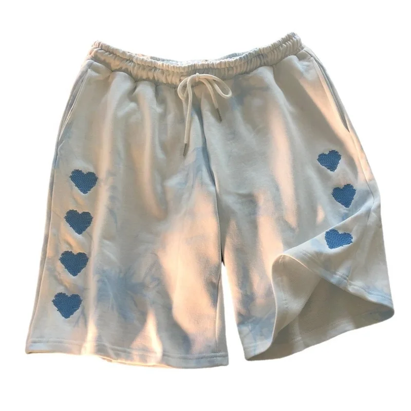

Korean Style Tie-dye Capris Elastic Waist Couples Shorts Women Summer 2021 Casual Shorts Cute Heart Embroidery Homewear Pants
