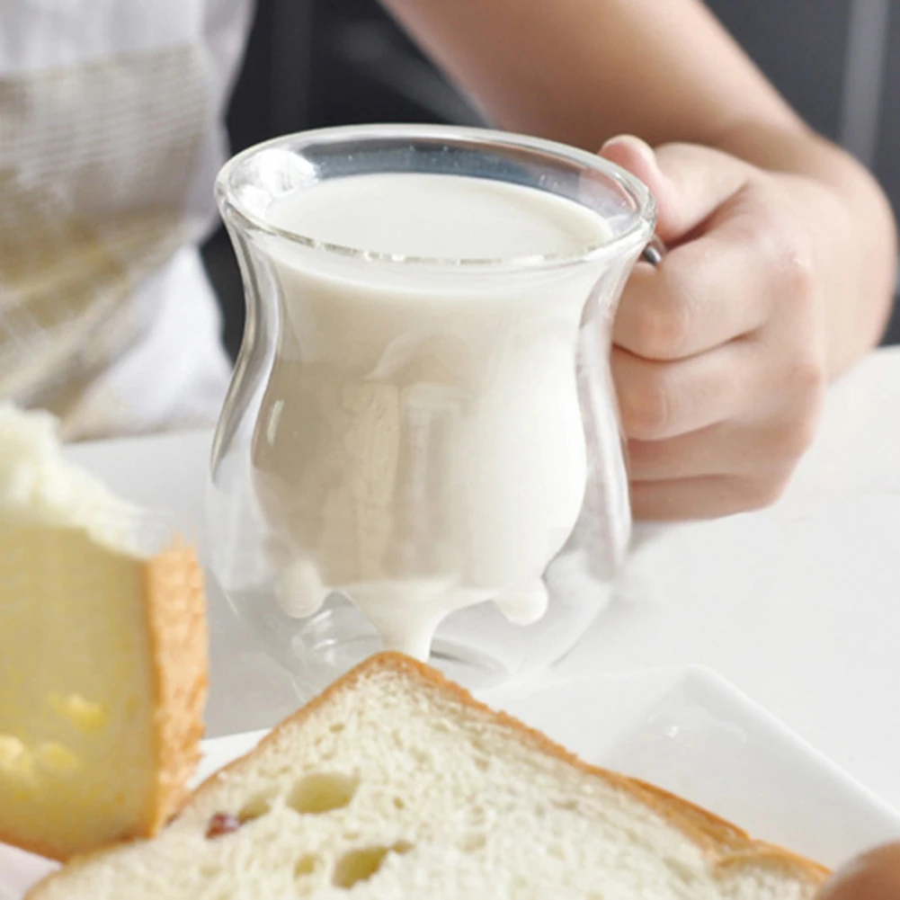 Кружка стеклянная двухслойная креативная с изображением милой коровы 250 мл | Дом