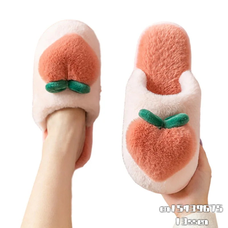 

2021 For Home Fruit Peach Slippers Sweet Fulffy Fur Slippers Winter Warm Indoor Floor Slippers Shoes Non-Slip Comfy Shoes Women