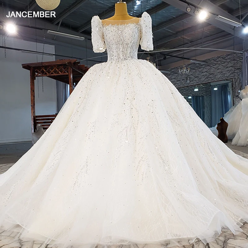 

HTL2186 White Elegant White Bridal Wedding Dress High-end Luxury Diamond Short Sleeve Transparent Lace Gown свадебное платье