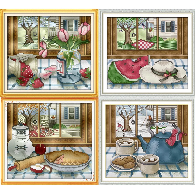 Four Seasons за окном с напечатаным холстом DMC Вышивка крестиком Наборы вышивания