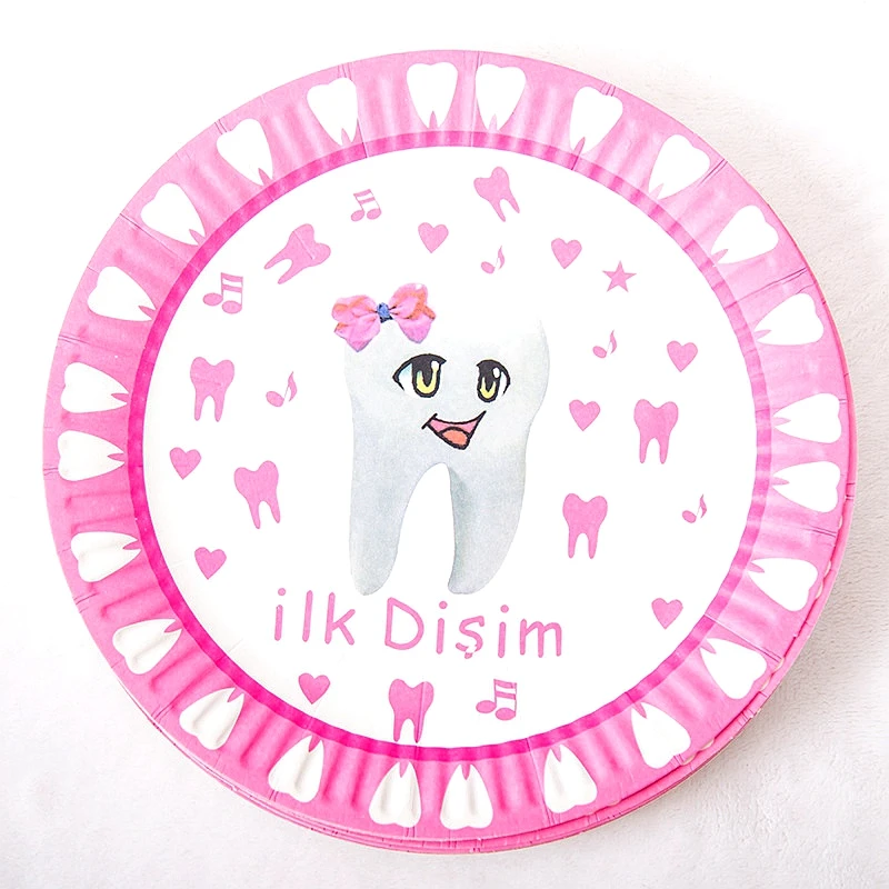 Ilk Disim розовые тарелки/чашки/скатерть детский душ мультфильм зубы тематическая вечеринка на день рождения украшения зубные блюда - Цвет: 7inch Plates 10pcs