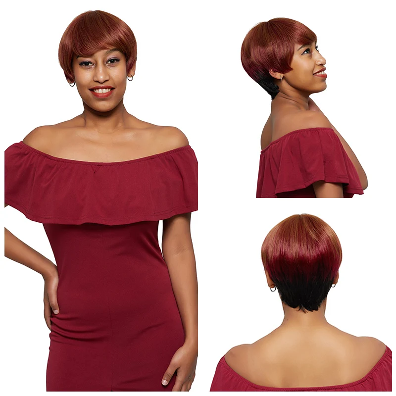 Chic Piano Red Colored Orange Human Hair Wigs Brazilian Blonde Short Bob With Bangs For Black Women Straight #30 Wig Remy | Шиньоны и - Фото №1