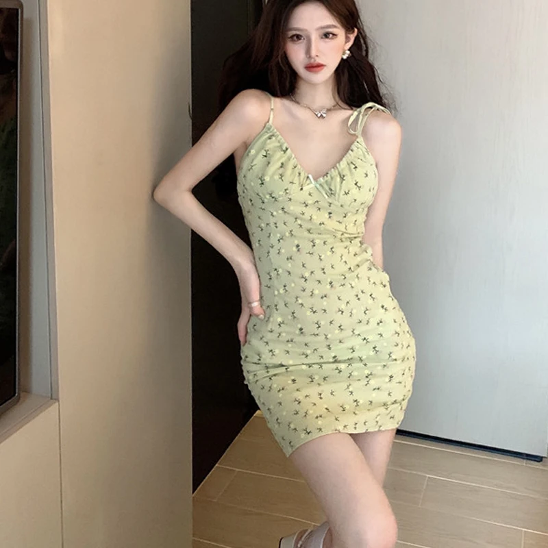 

French Fashion Sexy Floral Sling Sleeveless Dress 2021 Summer V-Neck Slim Backless Short Skirt Buttocks Cute Party Green Dress