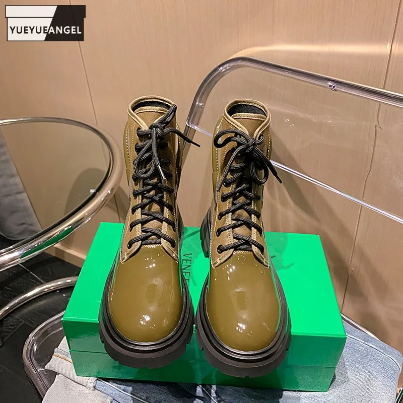 

Ботильоны женские из лакированной кожи, на шнуровке, повседневная обувь на толстой платформе, дизайнерская Уличная обувь из коровьего спил...