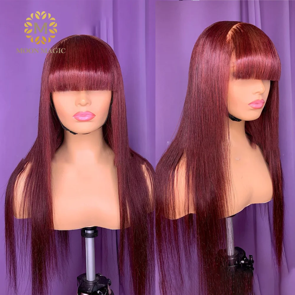 

360 Lace Frontal Wig Straight With Bangs Red Colored Human Hair Wigs For Black Women Brazilian Hair Burgundy 99j Lace Front Wig