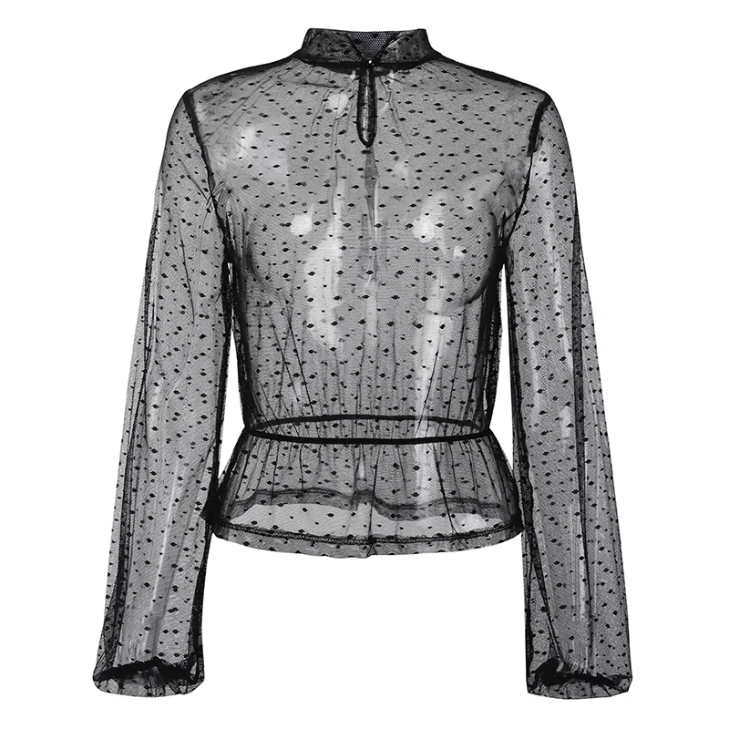 Женский прозрачный топ с высоким воротником однотонная привлекательная