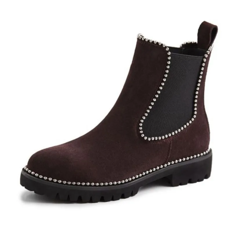 Taoffen Size 34-41 Women Genuine Leather Beads Ankle Boots Chelsea Office Work Party Casual Short Boots Flats Daily Footwear