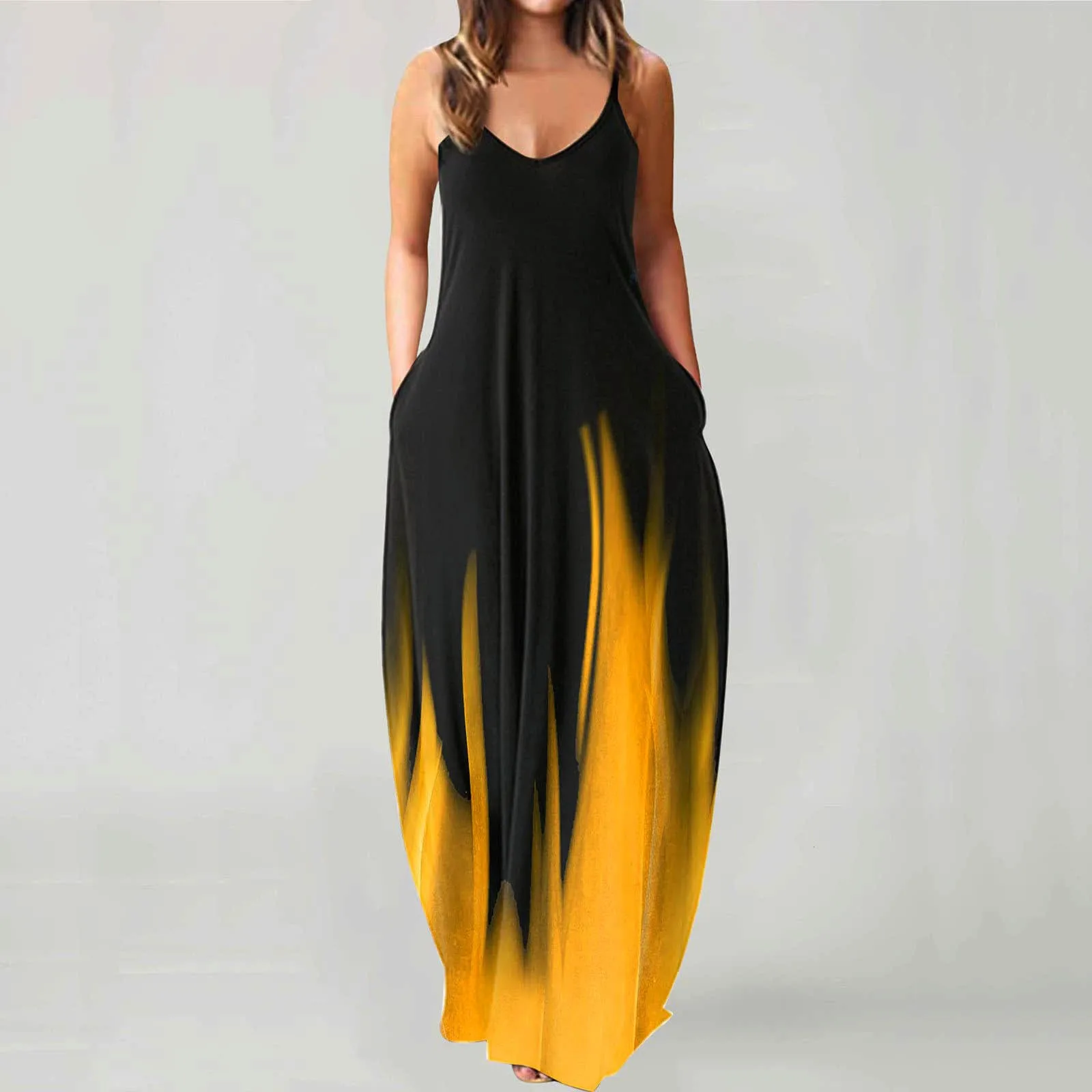 

Сексуальное платье на бретельках с v-образным вырезом в стиле бохо, повседневное летнее платье без рукавов пляжное платье макси платье женс...