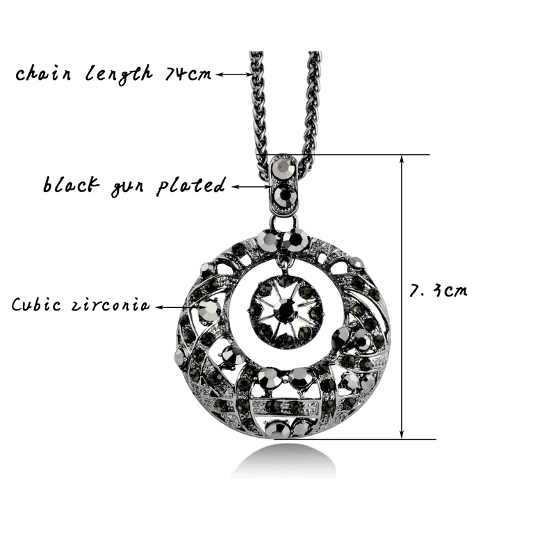 SINLEERY ретро черный Цирконий большой полый круг подвеска длинное ожерелье черная