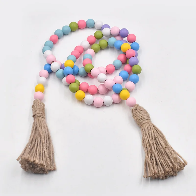 

148cm 84pcs 16mm Wood Beads Garland with Tassels Farmhouse Beads Rustic Country Decor Prayer Beads Wall Hanging Decor