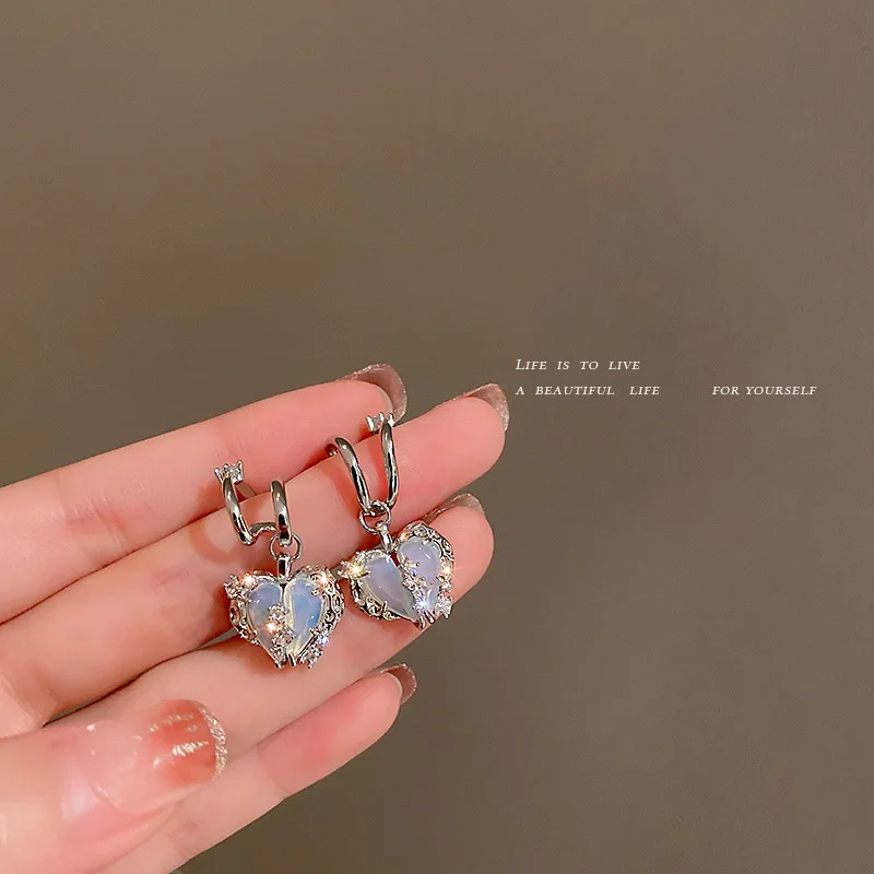 

925 Silver Needle Korean Crystal Love Set Zircon Earrings Women's Single Left And Right Ear Studs Baroque Women