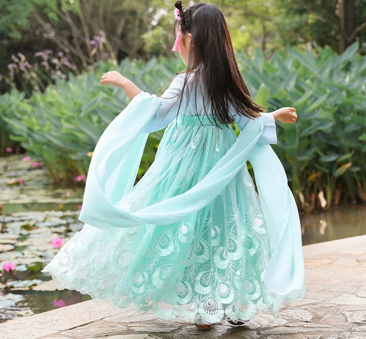

Children's Peacock Feather Design Traditional Hanfu Dresses Girls Summer Thin Embroidered Fairly Costumes Clothing For Kids ZL12