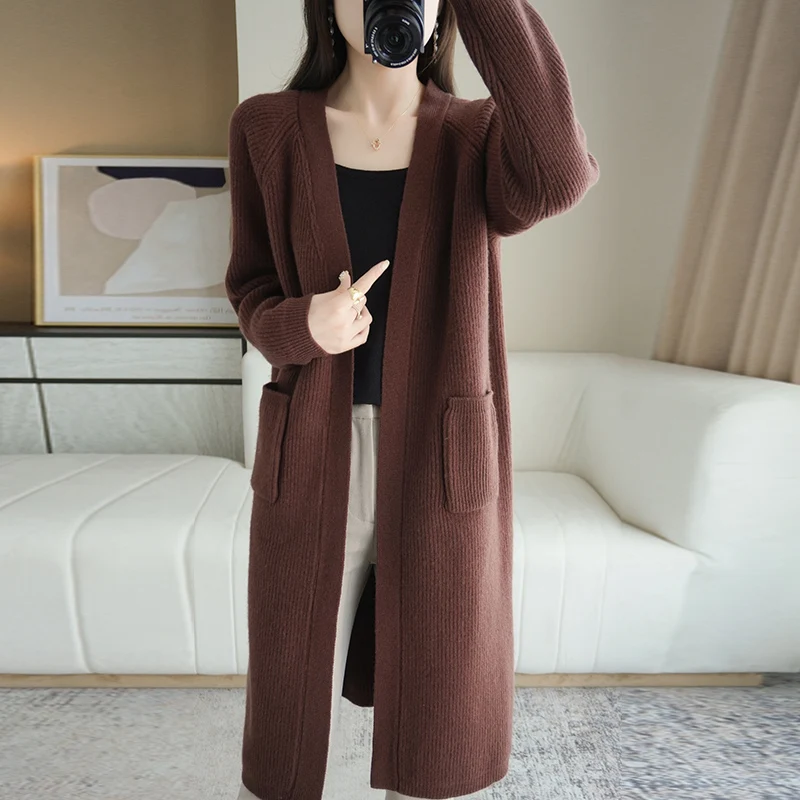 2021 autumn and winter new style 100% wool sweater women knitted wool mid-length cardigan thick ingot stitch sweater cardigan wo