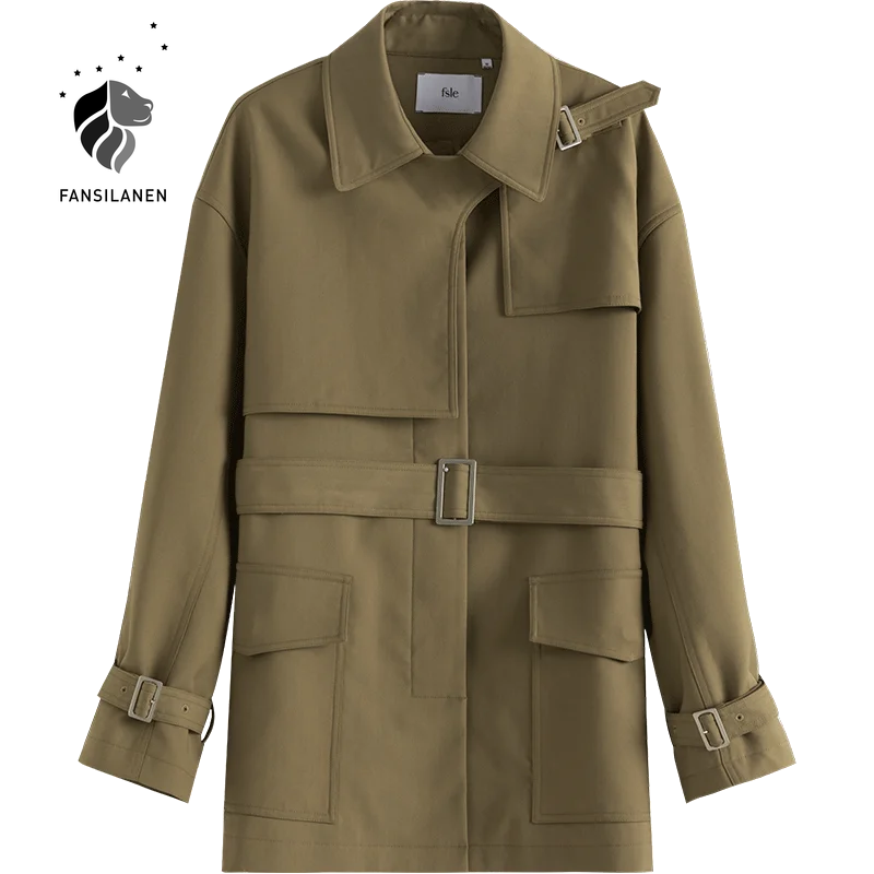 

FANSILANEN Green casual oversized Women's trench coat Female belt short windbreaker jacket Autumn winter khaki elegant coat 2020