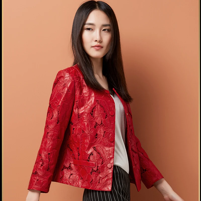 

Пальто, модная куртка из натуральной кожи 2020, Женская куртка из натуральной овчины с вырезами, красные Куртки из натуральной кожи