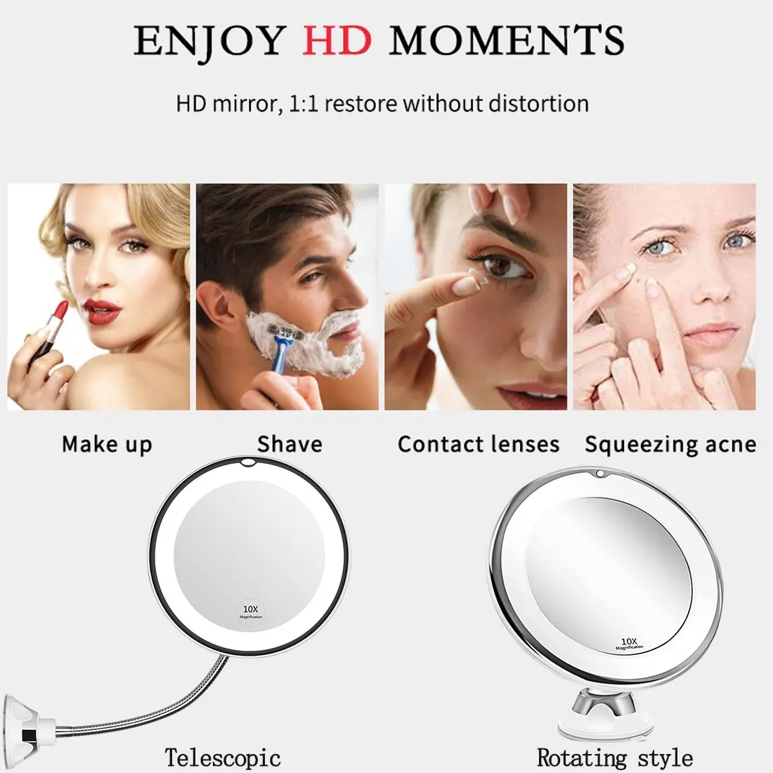 

LED 10X Magnifying Mirrors Mirror Light Makeup Mirror with Led Light Flexible Light Cosmetic Miroir Vanity Mirrors 360 Rotation