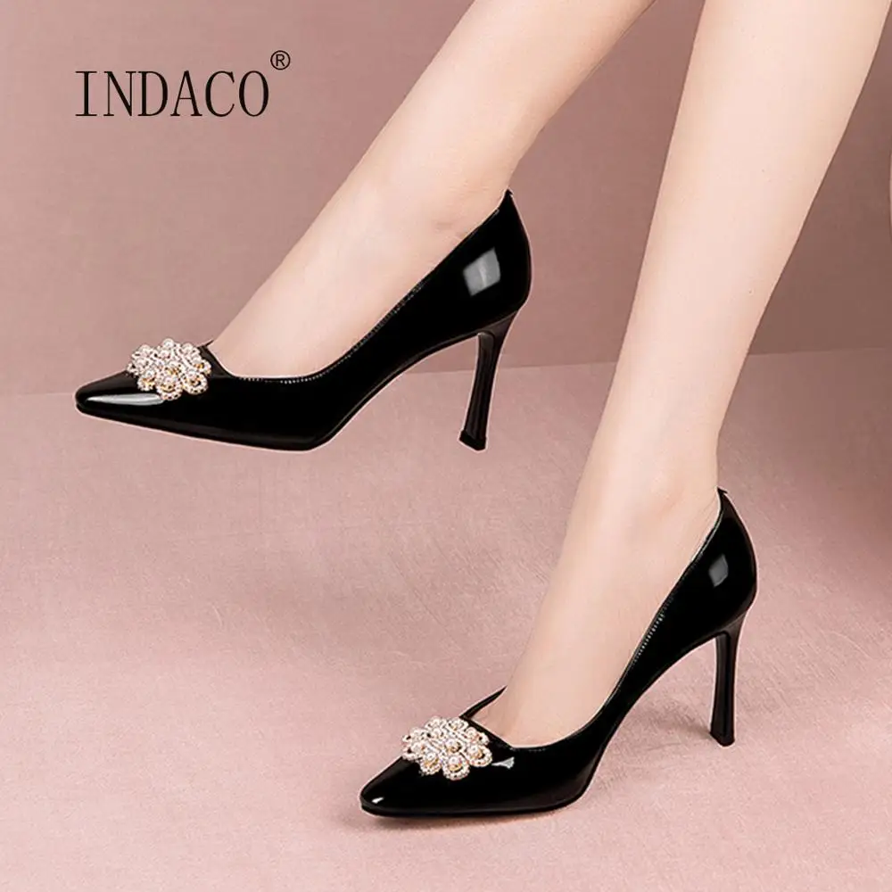 

Women Shoes High Heels Leather Pointed Toe Pearl Fllowers Women Heels Wedding Shoes Pumps Red Heels 8.5CM