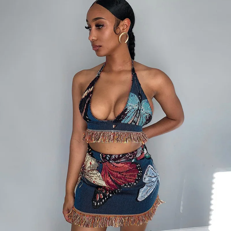 

Summer Outfit Sets Women Sexy Vest Skirt Suit Two Pieces Vintage Printing Tassel Halter Tops Tight Short Skirt Female Ladies New