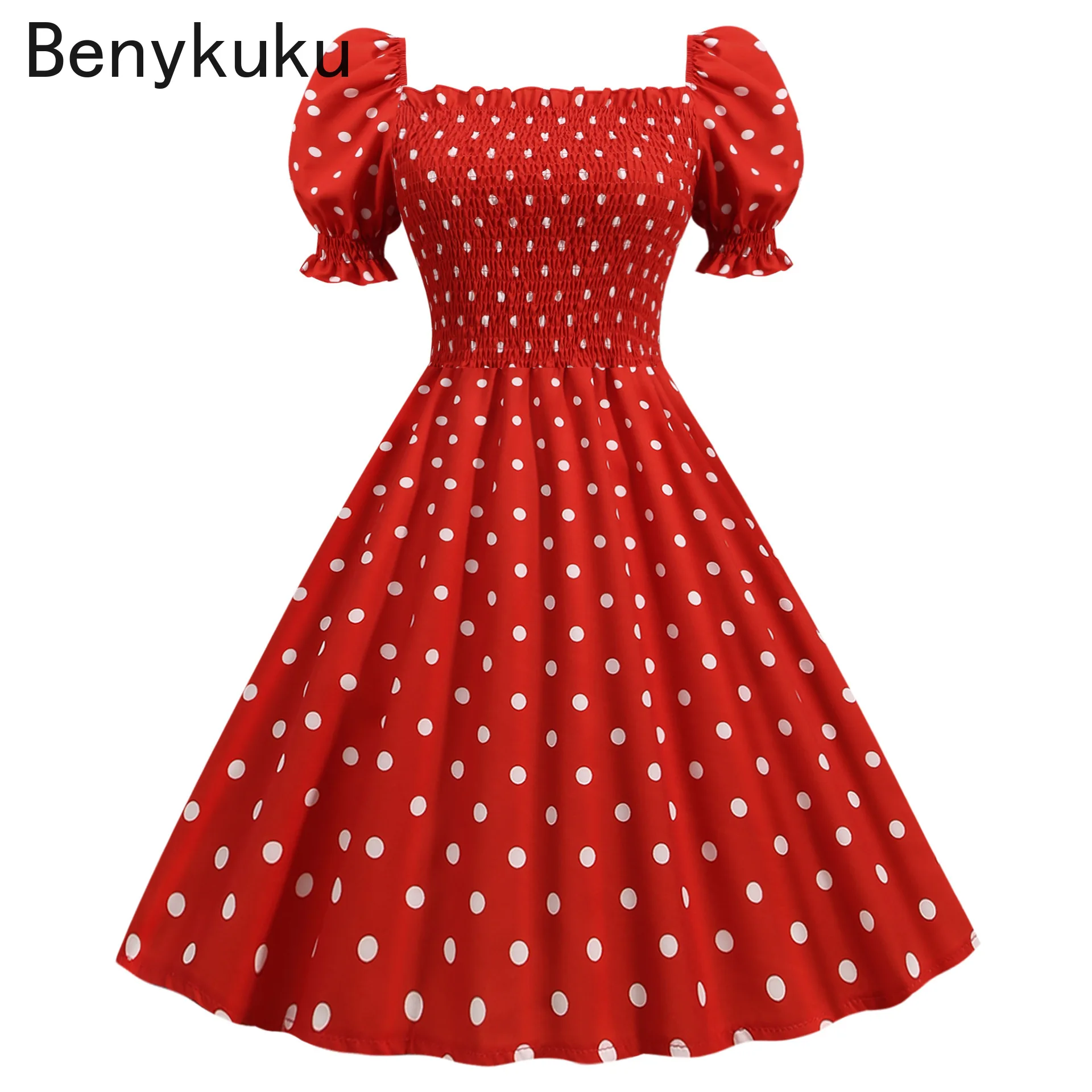 

Puff Sleeve Polka Dot Swing Vintage Pinup Dress Robe Femme Women Summer Square Collar Elegant Casual Plus Size Women Clothing