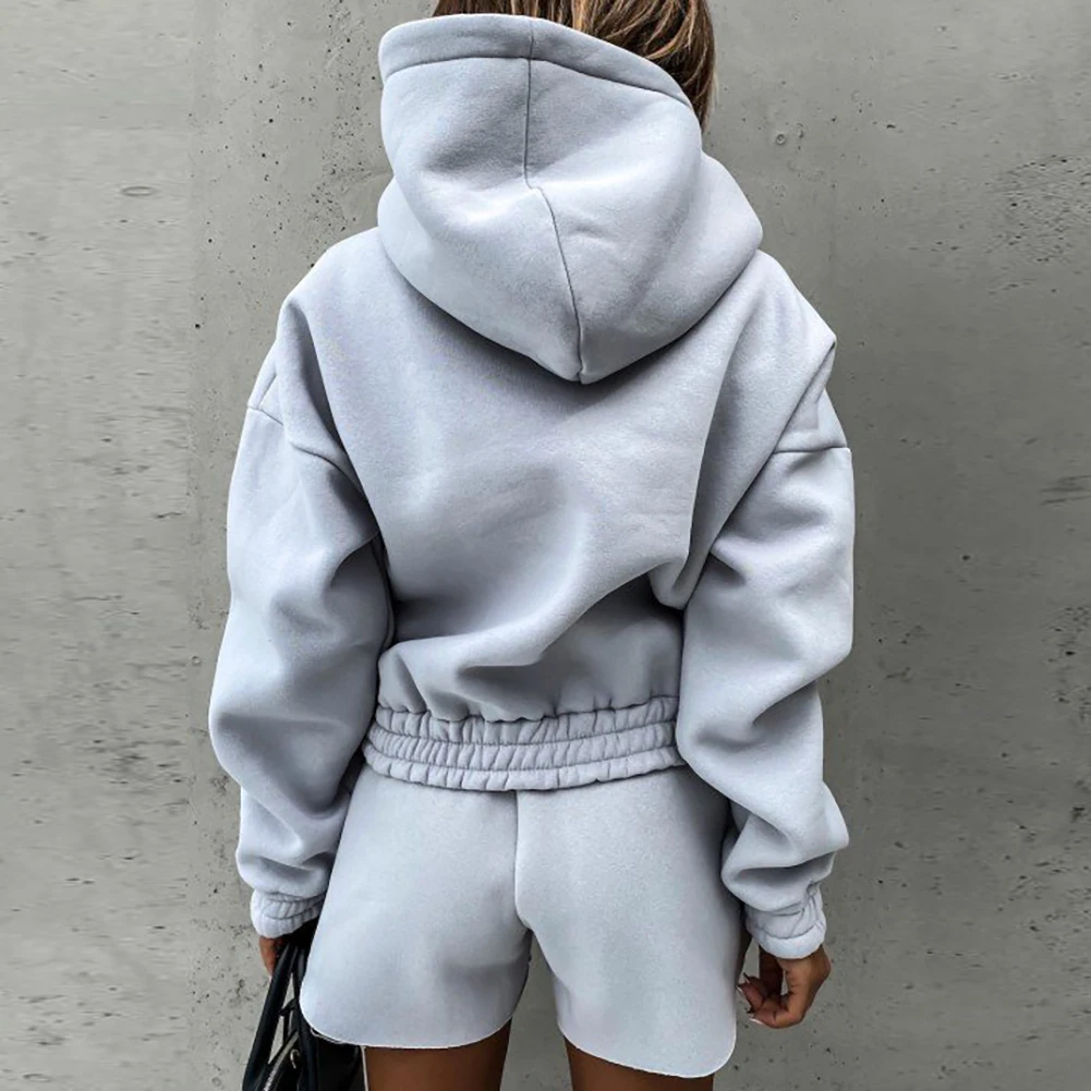 

Women Autumn Winter Solid Color Long Sleeve Hoodie Blouse Shirt Two-piece Outfit Sweatpants Shorts Suits 2 Piece Set