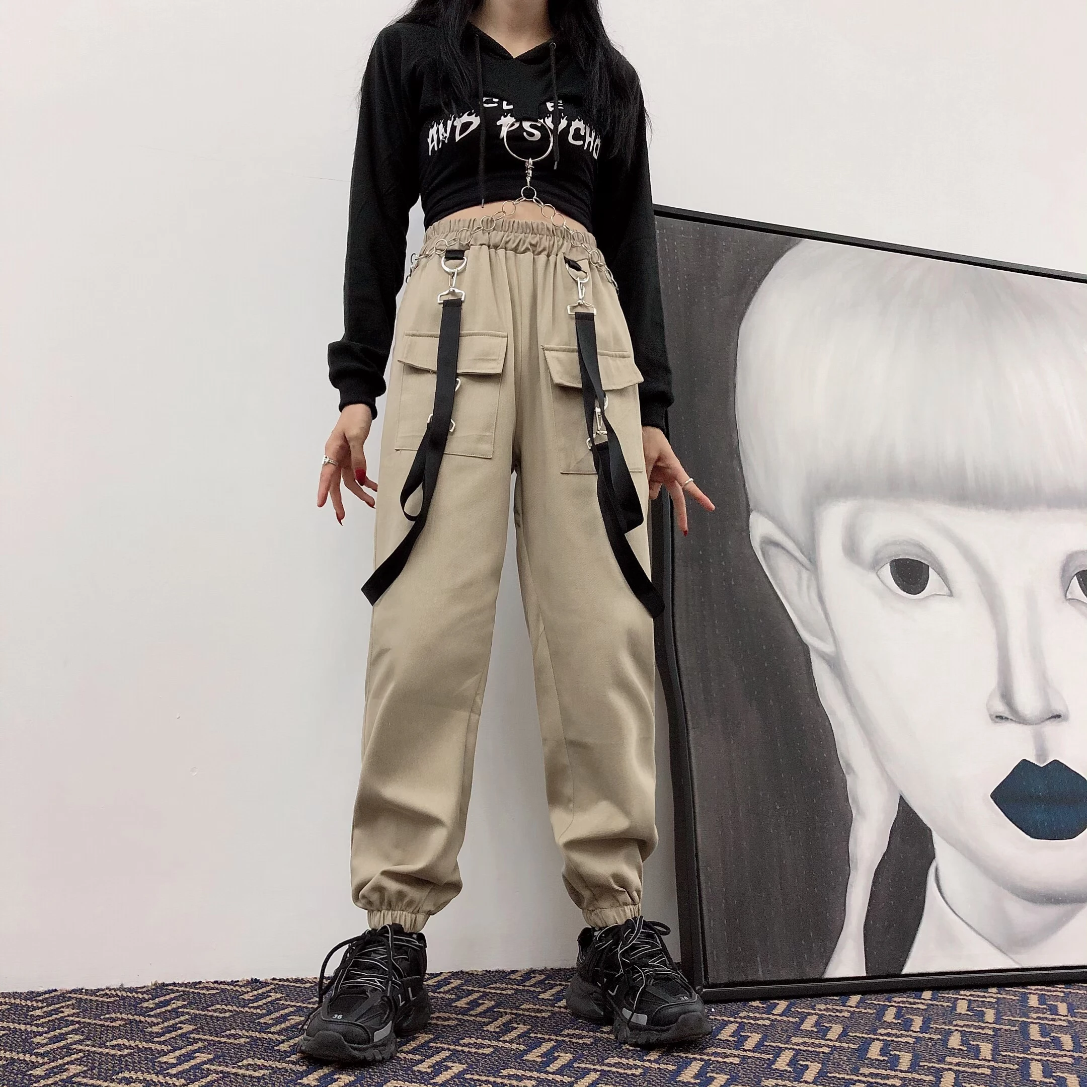 

Cargo Pants Hot Women's Clothing Fashion Casual Ulzzang Harajuku Loose BF Ladies New Safari Pockets High Waist Capris Black