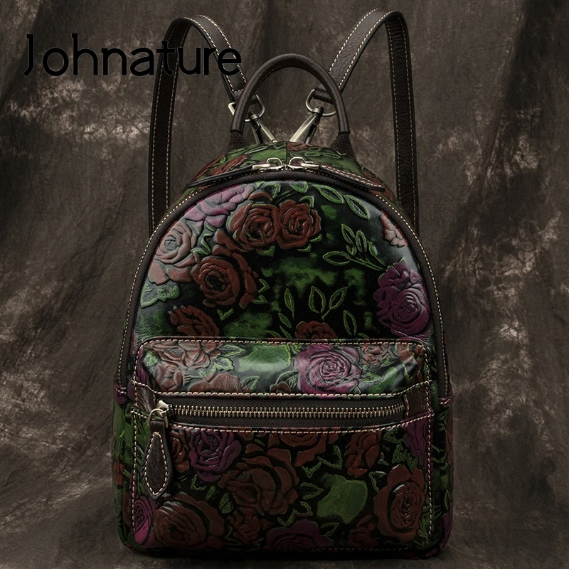 

Женский мини-рюкзак из натуральной кожи Johnature, винтажный рюкзак ручной работы с тиснением, маленькая дорожная сумка, 2021