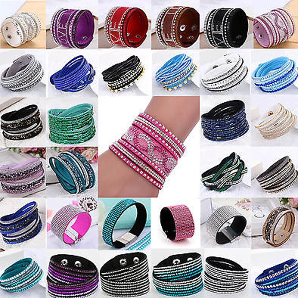 

New Multilayer Leather Bracelet Female 15 Colors Trendy Rhinestone Crystal Female Wrap Bracelets & Bangles For Women Jewelrys