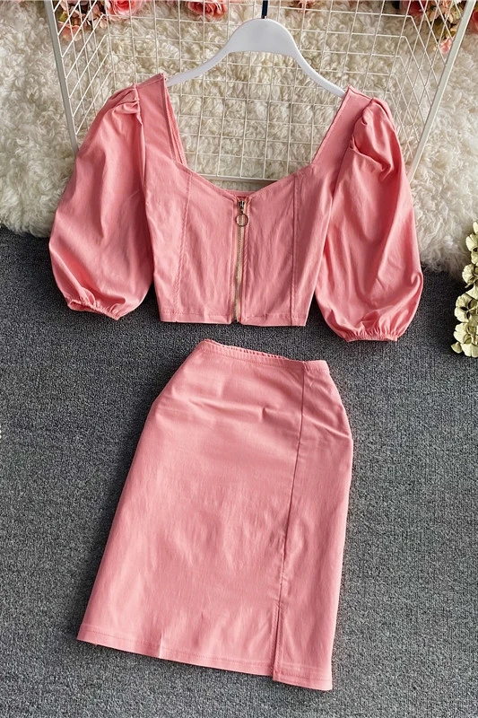 

2021 women's summer sweet 2-piece set Korean sexy puff sleeve V-neck short shirt + Mini Skirt fashion streetware 2-piece set