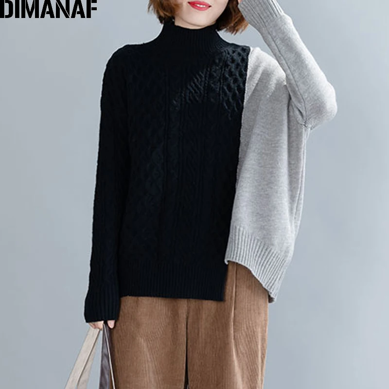 Женский свитер оверсайз DIMANAF повседневная водолазка с соединением внакрой