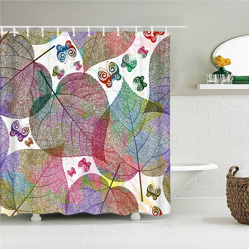

Colorful leaves Bath Curtain Waterproof Fabric Shower Curtains Plant Pattern Bathtub Screen for Bathroom Home Decor With Hooks