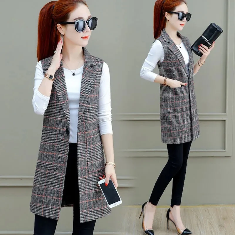 

Spring Autumn Women's Plaid Waistcoat Jacket Korean Fashion Lapel Sleeveless Long Coat Plus Size Blazer Pocket Casual Vest Tops