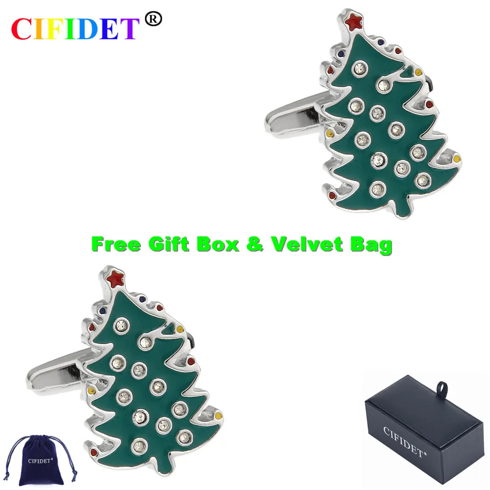 

CIFIDET Wedding Cufflink Green Stone Christmas Tree Cuff Link With Velvet Bag and Gift Box Jewelry Accessories Present for Men