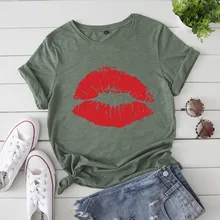 Summer Women Sexy Red Lip Tee Short Sleeve O Neck White T Shirts Ladies Mouth Print Top Casual T-Shi