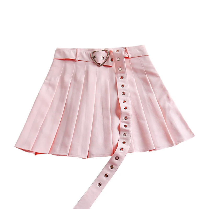 New Summer Women Pleated Skirt High Waisted Heart Shape Sashes Women Pleated Short Skirt High Quality