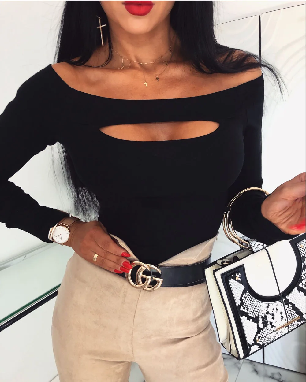 Модная женская футболка сексуальная с открытыми плечами длинным рукавом